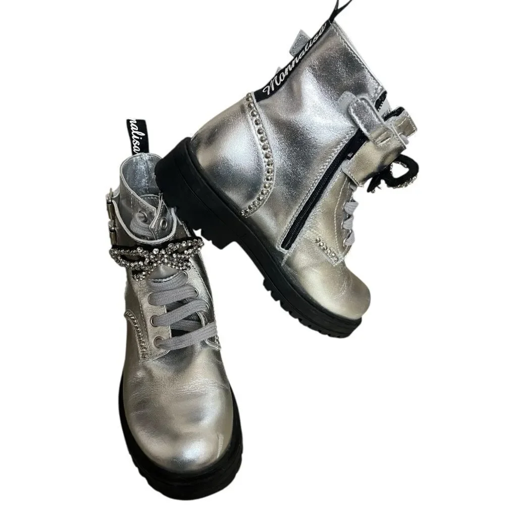 MonnaLisa Silver Combat Boots with Rhinestone Bow